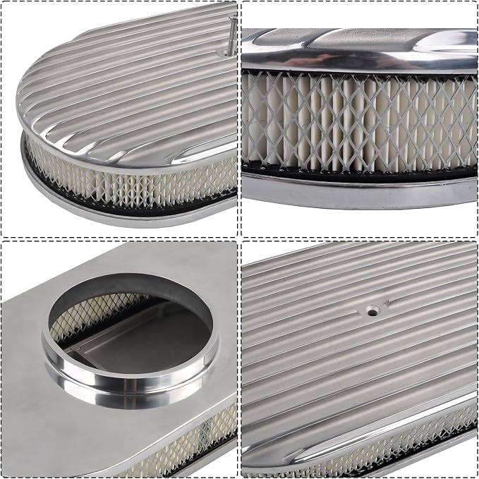 15" Air Cleaner Kit Polished Aluminum Oval Full Finned Retro Compatible - Image 3