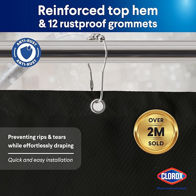 CLOROX 2-in-1 Bathroom Shower Curtain Liner, Durable Fabric, Weighted Magnets for Bath Water Control, Washable Premium Quality, Modern - 72" x 72" Black