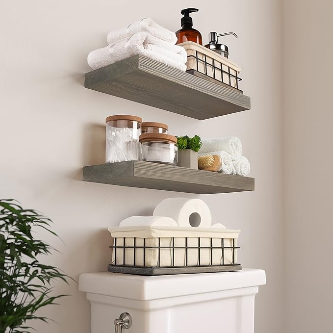 BAOBAB WORKSHOP Set of 2 Metal & Wooden Basket with Liners - Bathroom Basket Organizer & Kitchen Storage Decor - Toilet Paper Baskets for Back of Toilet Tank Tray Topper