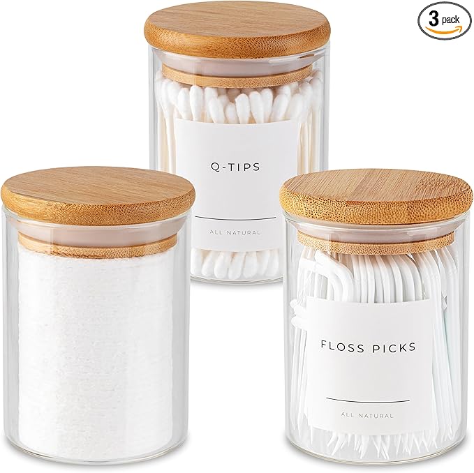 Mini Glass Apothecary Jars, Container Set, Bathroom Organizers and Storage, Bathroom Decor, with Bamboo Lids, Small Kitchen Containers, For Cotton Balls, Pads and Swabs, 10 oz, Set of 3