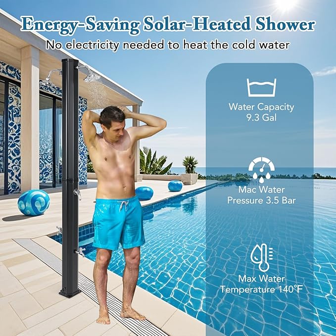 Giantex 9.3 Gallon Outdoor Shower, Solar Shower with Dual 360°Rotating Shower Heads, 2 Foot Showers, Hot & Cold Water Adjustable Faucet, 7.2 FT Outside Shower for Patio, Yard, Poolside, Beach, Garden