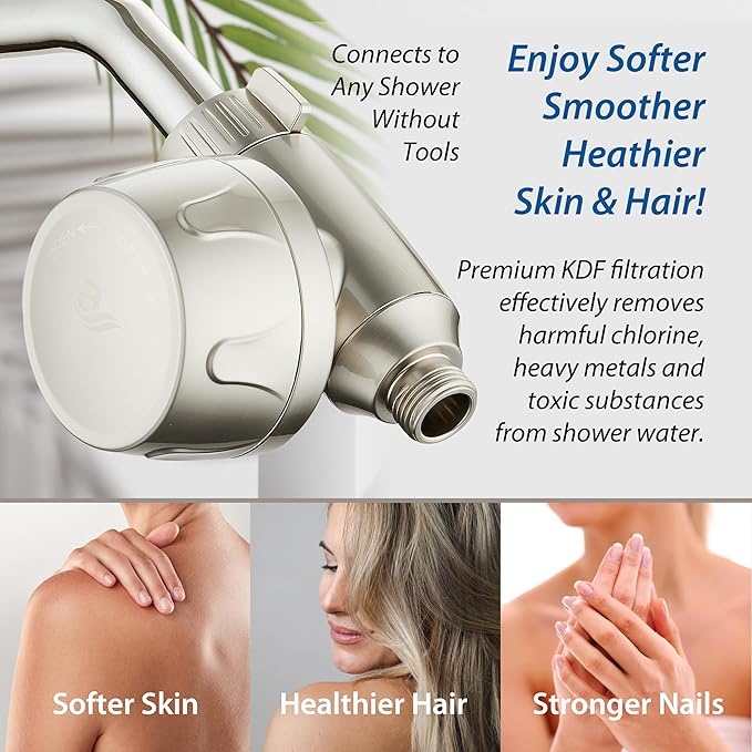 AquaCare Skin & Hair - World's Only Universal Shower Water Filter for All Shower Head Types with ON/OFF Filtration Modes, Instant Cartridge Reload & Stay-Clean American KDF Cartridge, Satin Nickel