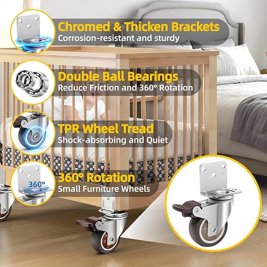 2 Inch Side Mount Casters Set of 4, 600 lb Capacity, 2 Brake 2 Swivel | Quiet - Image 3