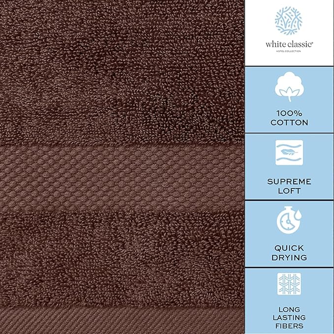 White Classic Luxury Brown Hand Towels - Soft 100% Turkish Cotton | Highly Absorbent Hotel spa Bathroom Towel Collection | 16x30 Inch | Set of 6