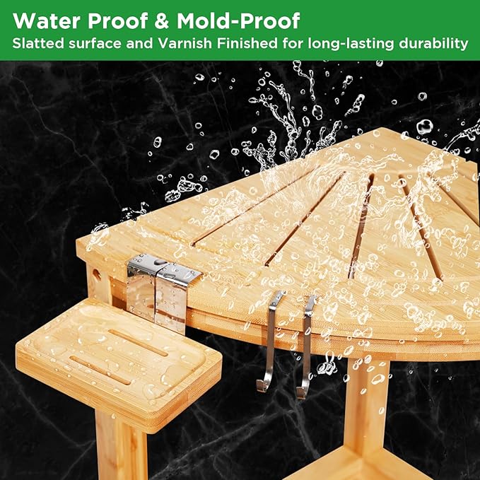 Ollieroo 2-Tier Bamboo Corner Shower Stool for Shaving Legs, Waterproof Bench with Storage Shelf and Soap Dish, Non-Slip Foot Rest (Natural)