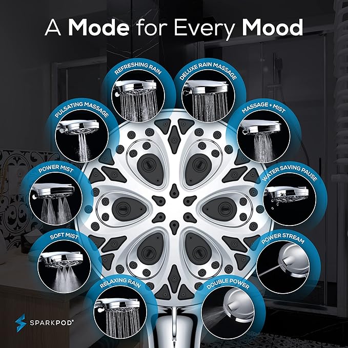 SparkPod 10-Mode Handheld Shower Head with Hose - 5" High Pressure Shower Head with Handheld Touch-to-Clean Nozzles, Built-In Power Jet, Stainless Steel 6ft Hose & Bracket (Polished Chrome)