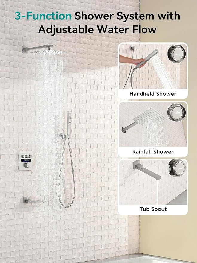 Lefton Shower System in Fahrenheit Display (Battery-free), 10” Overhead Shower Head with All-in-one Handheld Spray Showerhead and Bathtub Faucet, 4-in-1 Control System, SSWM2502 (Brushed Nickel)