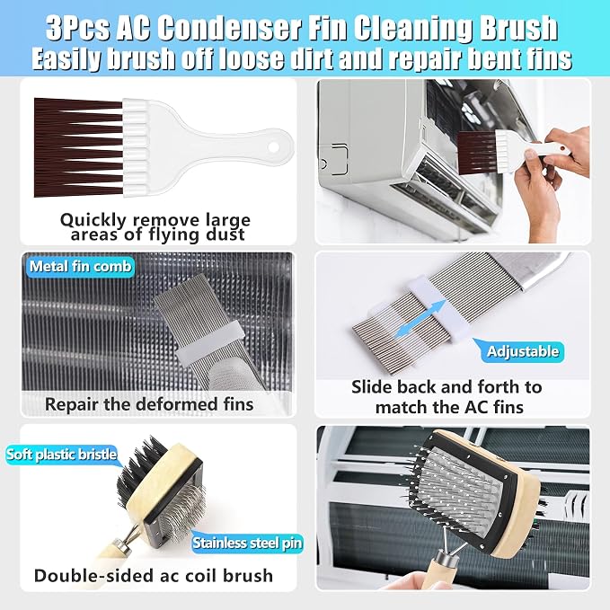 3 Pcs HVAC Coil Cleaning Brush & Fin Straightener Kit, Metal AC Fin Comb - Image 3