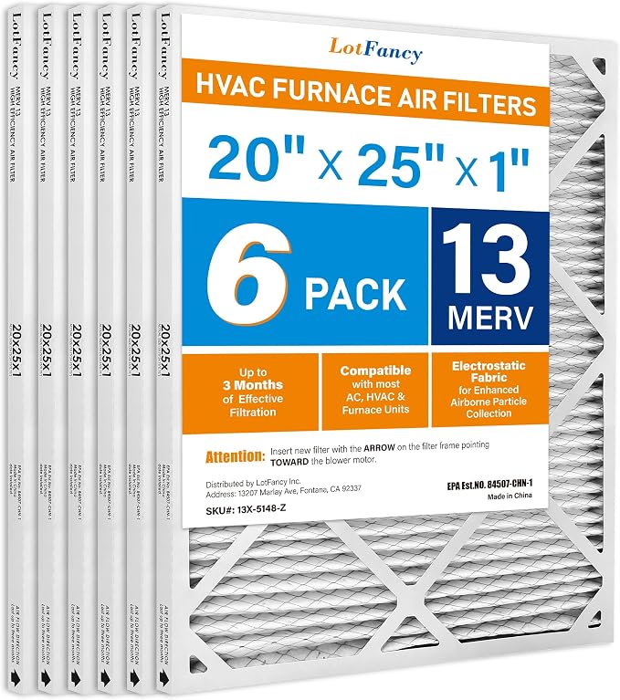 LotFancy 20x25x1 Air Filter MERV 13 6-Pack, Electrostatic Pleated HVAC Furnace by LotFancy