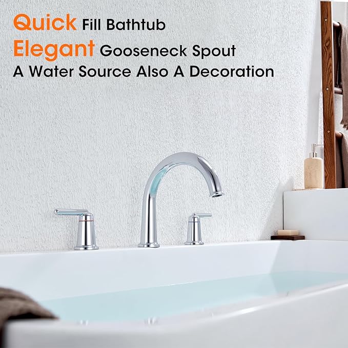 Roman Bathtub Faucet with Rough-in Valve 3 Hole Widespread Deck Mount Bath Faucet Set High Flow Rate 2 Handle Tub Filler Trim Kit Brass High Arc Tub Faucet Polished Chrome (WT-9807CP)