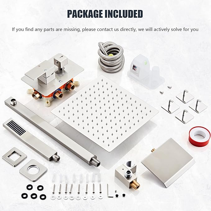 Shower Faucet Set with Tub Spout, Brushed Nickel Rainfall Shower System Complete Wall Mounted for Bathroom with 12 Inch Square Shower Head and Handheld Shower Head Rain Mixer Combo Set