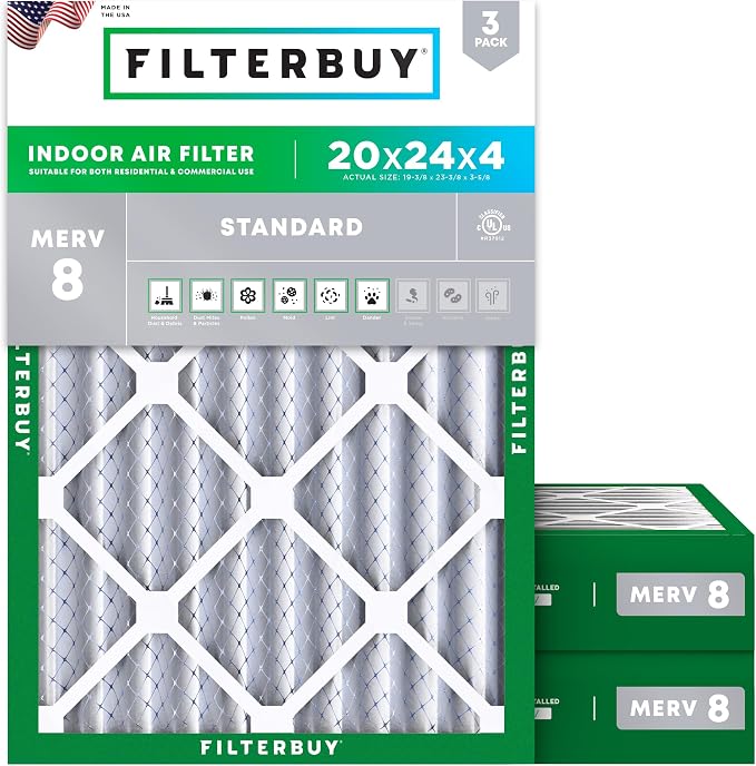 Filterbuy 20x24x4 Air Filter MERV 8 Essential Dust & Allergy Defense, by Filterbuy