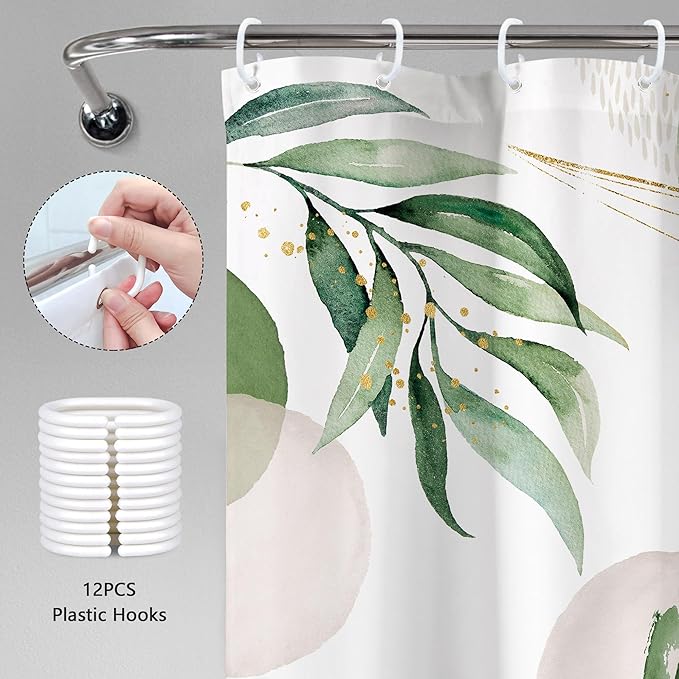 Green Boho Shower Curtain 60Wx72H Bohemian Mid Century Modern Abstract Palm Leaves Tropical Gold Olive Geometric Plant Bathroom Decor Minimalist Bath Curtain Fabric Polyester 12 Pack Hooks