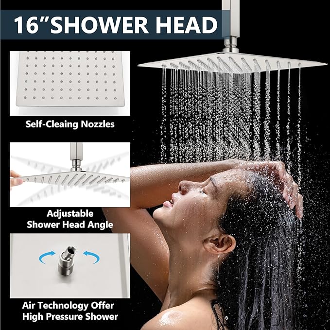 Aolemi Shower Faucet Set Ceiling Mount Shower System Rough-in Valve and Shower Trim Kit 16 and 6 Inch Dual Shower Head 2 in 1 Handheld Spray Push Button Diverter Brushed Nickel