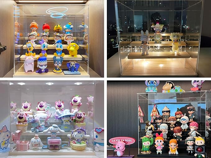 Choowin 4 Tier Clear Acrylic Display Case for Collectibles, Mini Figures, Pop Mart, Labubu, Sonny Angel, Smiski - Assemble Dustproof Acrylic Display Box with Door, Stand (White Base Step)