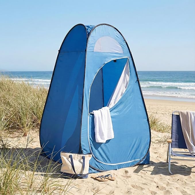 4x4ft Pop Up Privacy Shower Tent with Top Window, 3.6lbs Liightweight Dressing Room, Portable Toilet Stall with Carry Bag for Camping, Beach, Outdoors (Blue)