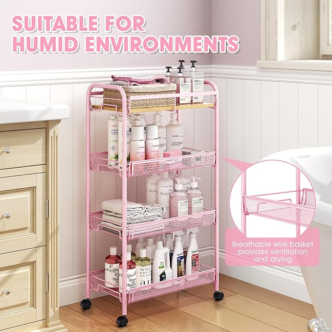 TOOLF 4-Tier Rolling Cart, Metal Utility Cart, Slide Out Storage Cart with Wooden Tabletop and Mesh Baskets, Easy Assemble Trolley for Kitchen Bathroom Laundry Room Bedroom Apartments Dormitory