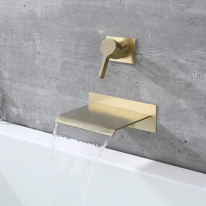 sumerain Wall Mount Tub Faucet Brushed Brass with Waterfall Tub Spout and Rough in Valve, High Flow