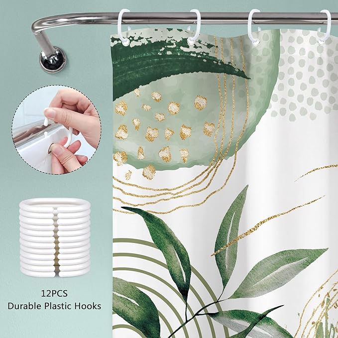 Green Boho Shower Curtain 60Wx72H Sage Green Bohemian Modern Abstract Tropical Palm Leaves Plant Mid Century Bathroom Decor Minimalist Geometric Bath Curtain Fabric Polyester 12 Pack Hooks
