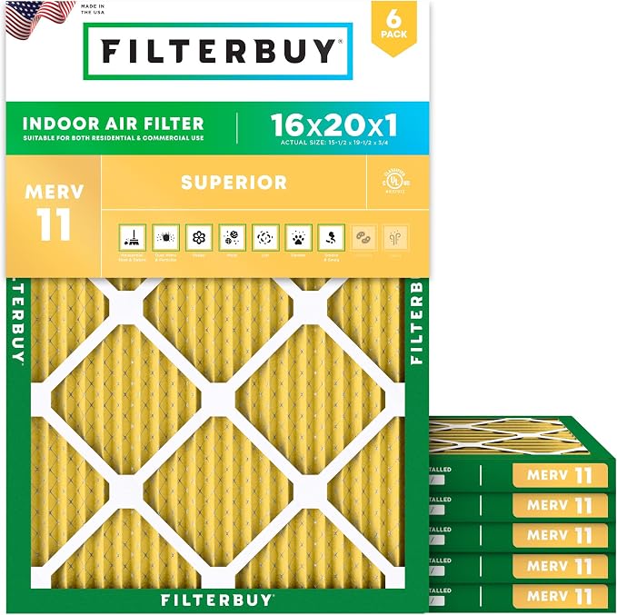 Filterbuy 16x20x1 Air Filter MERV 11 Superior Pet & Allergy Defense, by Filterbuy
