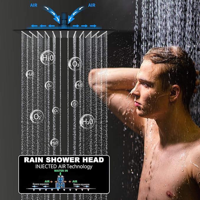 Temperature Display Shower Faucet Set Matte Black Shower System with 2 Rain Shower Head(12+8"), Handheld Shower and Multi-function Push Button Shower Faucet Trim Kit