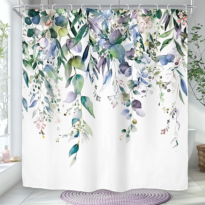 Riyidecor Teal Shower Curtain for Bathroom Decor 72Wx72H Eucalyptus Leaves Plants Navy Watercolor Floral Rustic Botanical Spring Nature Art Printed Fabric Polyester Waterproof 12 Pack Plastic