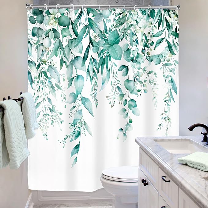 Riyidecor Teal Eucalyptus Leaves Shower Curtain for Bathroom Decor 60Wx72H Botanical Plants Spring Flower Herbs Botany Floral Art Printed Fabric Polyester Waterproof 12 Pack Plastic