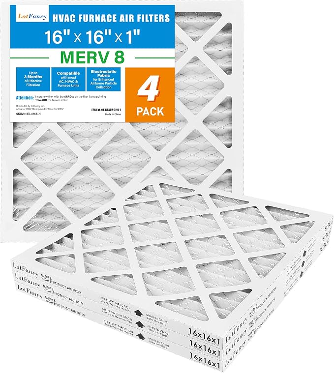 LotFancy 16x16x1 Air Filter MERV 8 4-Pack, Electrostatic Pleated Furnace & AC by LotFancy