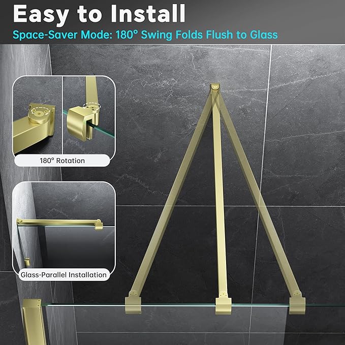 Frameless Shower Door Support Bar, Stainless Steel Wall-to-Glass Support Arm to Fixed Shower Glass Panel, for 1/4"-3/8" (6-10 mm) Door, 180° Pivot & Stow-Flat Mode (Brushed Gold, 31.5-inch(800mm))