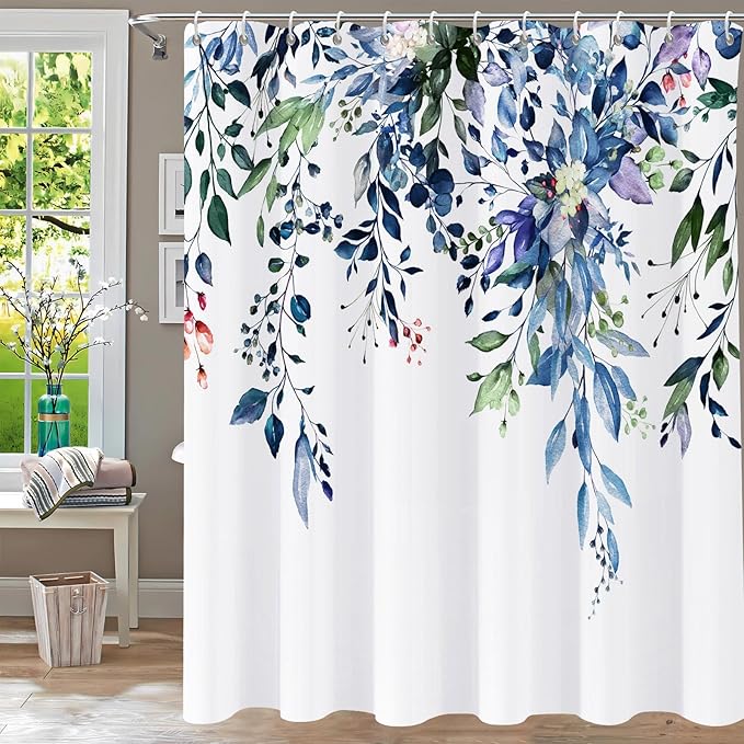 Shower Curtain Blue Green Eucalyptus Shower Curtains for Bathroom, Watercolor Leaf Shower Curtain Sets Waterproof Plant Shower Curtain Leaves Fabric Cloth Bathroom Curtains 72x72 inch with Hooks