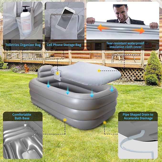 Inflatable Bathtub Adults - Blow Up Bathtub Adult for Indoor Shower Use, Portable Bathtub Adult with Cover, 62.2x37.4x17.72in, Light Grey