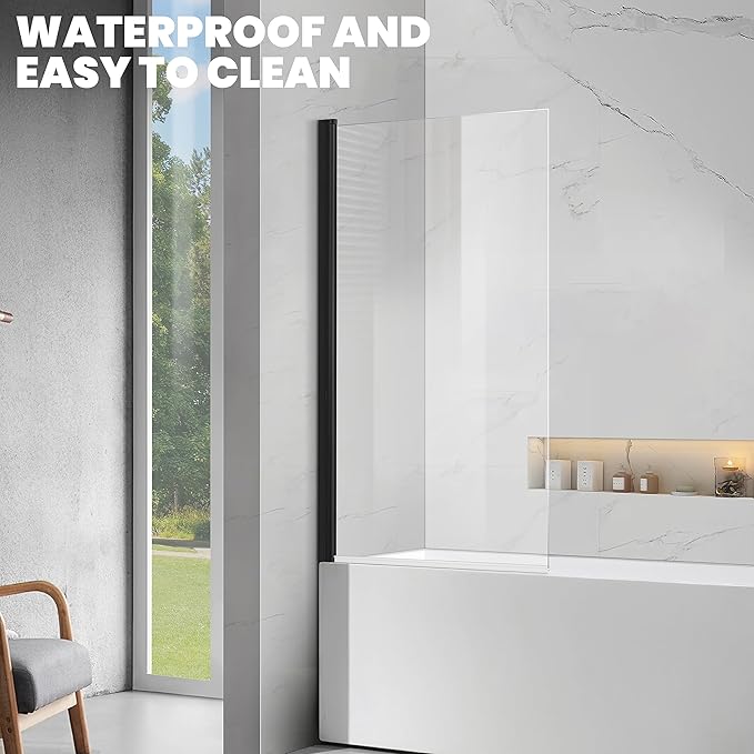 Frameless Tub Shower Door, Clear Tempered Glass Bathroom Shower Door 30" W*55" H, Hinged Foldable Bathtub Screen with Matte Black Wall Profile Support