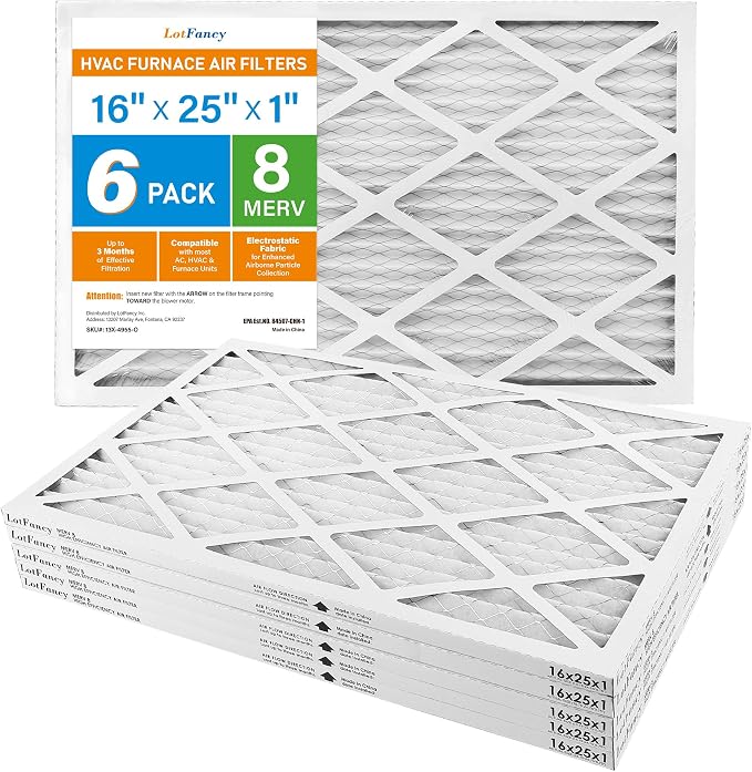 LotFancy 16x25x1 Air Filter MERV 8 6-Pack, Electrostatic Pleated Furnace & AC by LotFancy