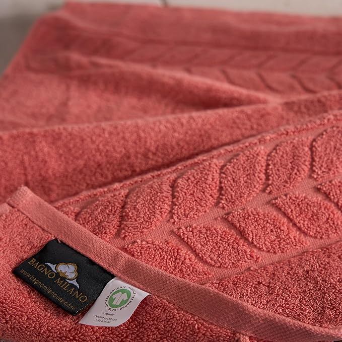 BAGNO MILANO Organic Turkish Cotton Bath Towels, Luxury Jacquard Collection, Certified Organic Highly Absorbent, Soft-Plush Towel Set (Coral Red, Bathsheet)