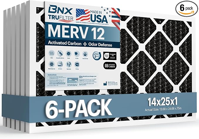 BNX TruFilter 14x25x1 MERV 12 Odor Defense AC Furnace Air Filter by BNX