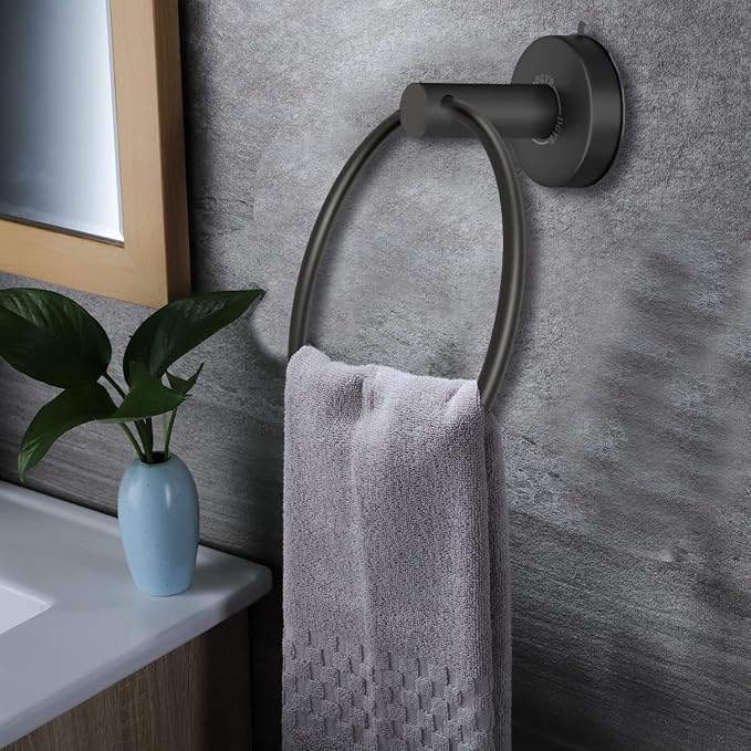 DGYB Suction Cup Towel Ring Matte Black Hand Towel Holder for Bathroom Wall SUS 304 Stainless Steel Kitchen Towel Hanger