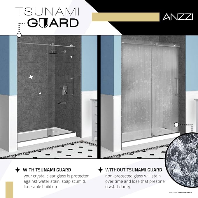 ANZZI 70" x 24" Frameless Shower Door in Matte Black,Water Repellent Glass Shower Door with Seal Strip Parts and Handle, 5/16 Glass Hinged Shower Door with Handle (SD-AZ09-01MB)
