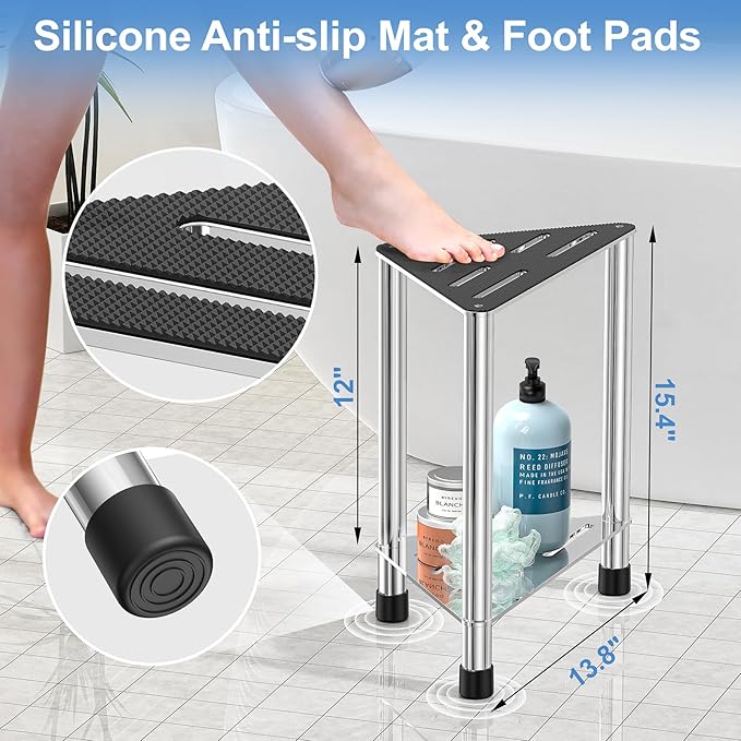 Stainless Steel Shower Stool for Inside Shower, 15.4'' H Shower Foot Rest, Corner Shower Stool with Storage Shelf, Shower Step for Shaving Legs, Bathroom Corner Shower Bench, Silver