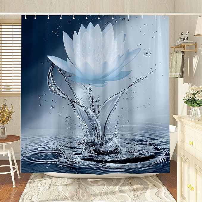 Lotus Shower Curtain Blue Flower Elegant Blooming Floral with Dew Spring Flower Reflection on Water Modern Romantic Polyester Fabric Bathroom Decor 70×70 Inch with Hook