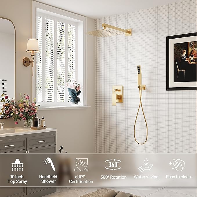 Gold Shower System, Shower Faucet Set with High Pressure 12 inch Shower Head and HandHeld, Wall Mounted Bathroom Shower Head Set,Shower Faucet Rough-in Valve and Trim Kit, Brushed,Gold