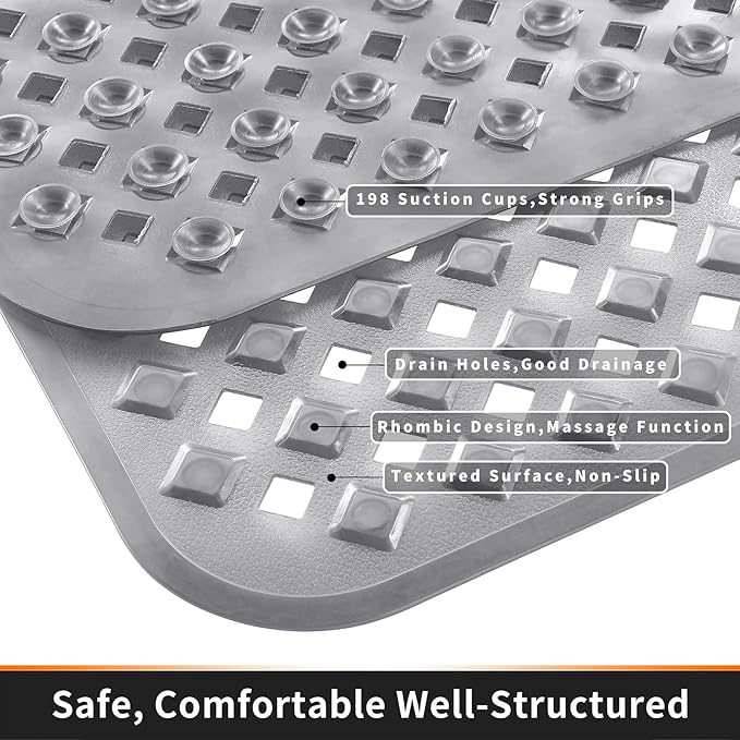 Yimobra Non Slip Bath Mat, Super Strong Suction Cups,34.5"x15.5"Long Tub Mat with Drain Holes, Machine Washable Fast Draining Shower Mats, Bathroom Essentials,Clear Gray