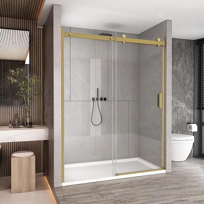 Sunrosa Semi-Frameless Glass Shower Door, 51-55" W x 76" H Single Sliding Shower Door with Tempered Glass 5/16"(8mm), Brushed Gold