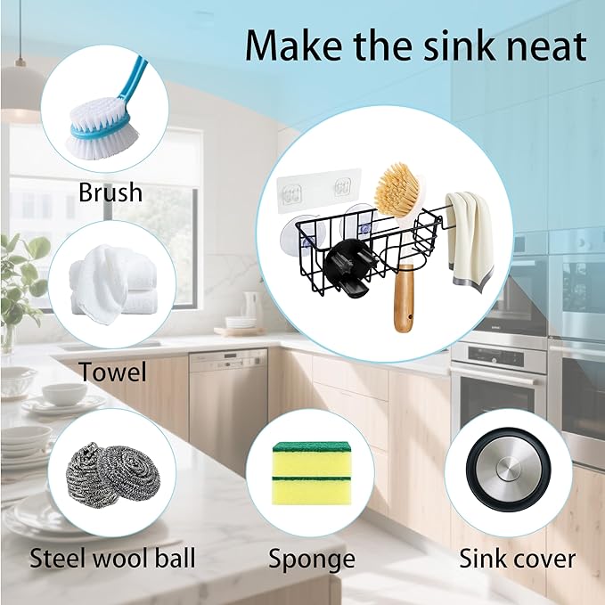 Sponge Holder Smile Face with Dish Cloth Hanger for Kitchen Sink, In-sink Caddy Organizer with Suction Cups & Adhesive Strips, Rustproof Sponge Rack for Soap, Brush, Scrubber - Black（2 Pack）