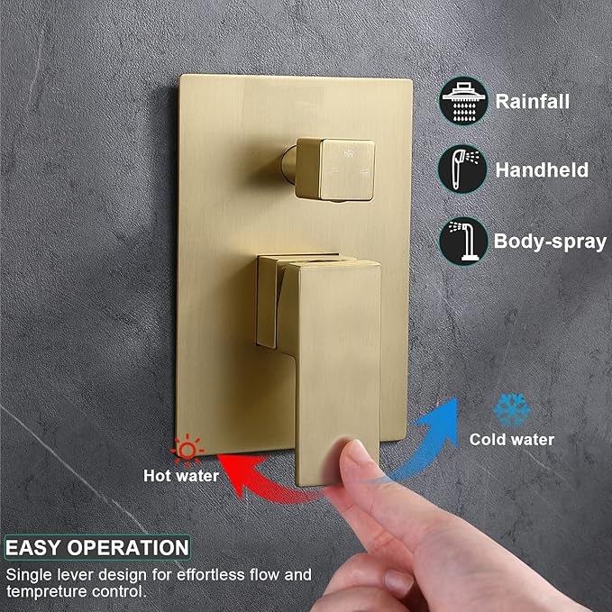 Enga Brushed Gold Rain Shower System with 4 Body Shower Jets 12inch Wall Mount Rainfall Shower Head & Handheld, Multi Shower Head System Rain Shower Faucets sets Combo with Rough-in Valve