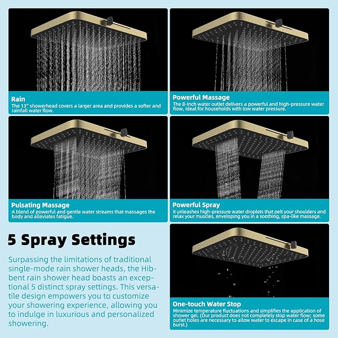 Hibbent Rain Shower Head, 13'' High Pressure Rainfall Square 5 Spray Mode Showerhead with 16" Shower Head Extension Arm, Solid Brass Adjustable Shower Arm Extender, Brushed Gold