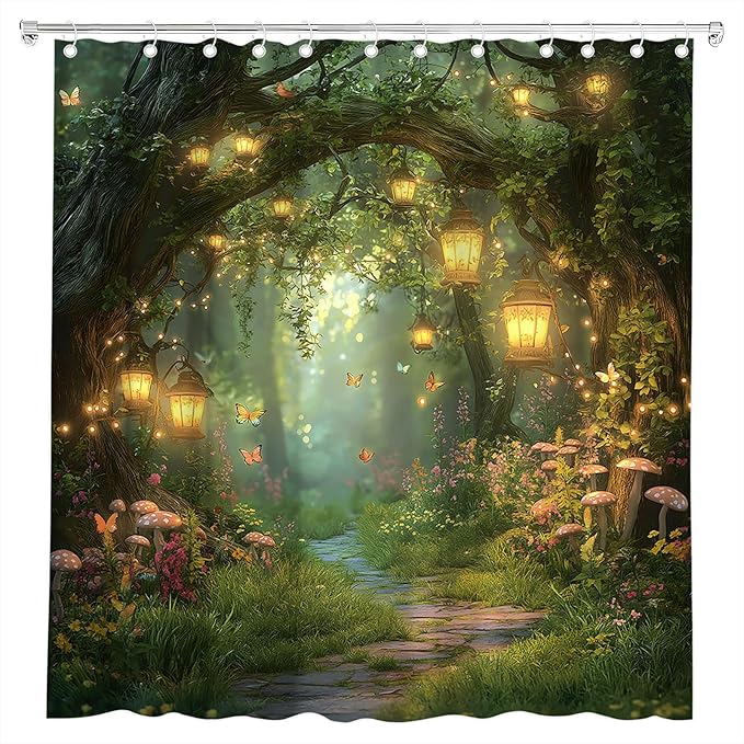 Fantasy Forest Path Shower Curtain Fairy Magical Enchanted Misty Jungle Mushroom Floral Tree Butterfly Lantern Wonderland Plant Bath Curtain Fabric Bathroom Accessories Decor with Hooks 55W x70L