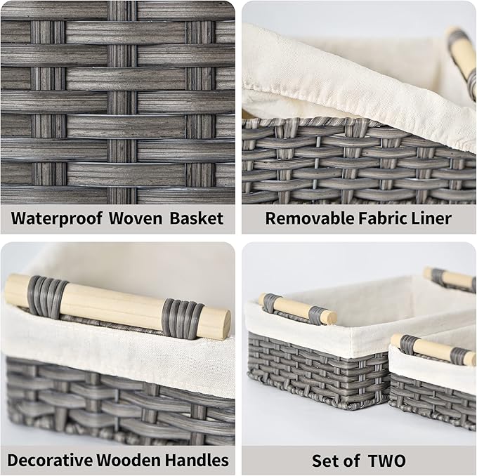 GRANNY SAYS Gray Wicker Baskets, Decorative Baskets for Shelves, Basket Organizer with Handles, Small Wicker Baskets for Organizing, Toilet Paper Baskets for Organizing, Set of 2