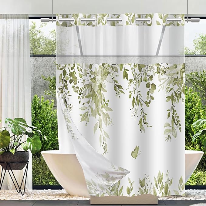 No Hook Shower Curtain and Liner Set, Beige Eucalyptus Floral Shower Curtains for Bathroom, Bath Curtain Sets with Snap in Liner, Waterproof with See Through Top Window, 71x84 Inches
