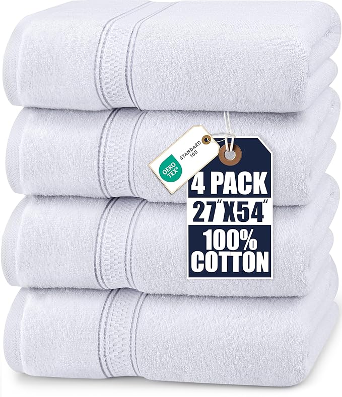 Utopia Towels 4 Pack Premium Bath Towels Set, 27 by 54 Inches, 100% Ring Spun Cotton 600GSM, Lightweight and Highly Absorbent Quick Drying Towels, Perfect for Daily Use, White