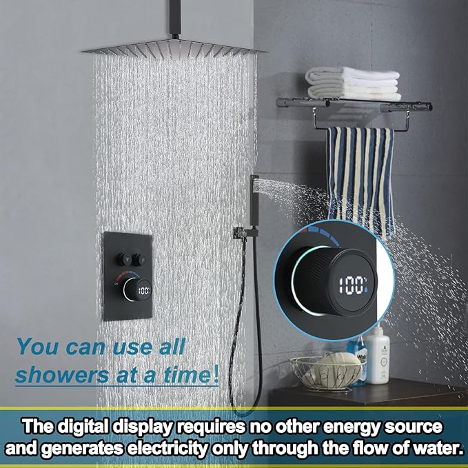 Digital Display Shower System Set 16 Inches Rain Fall Head Temperature Valve Shower Handheld Shower Head Sets for Bathroom Concealed Installation